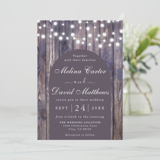String Lights Wooden Background Wedding Invitation Aankondiging (Staand voorkant)