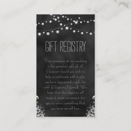 String Lights Zwart Chalkboard Gift Registry Informatiekaartje (Voorkant)