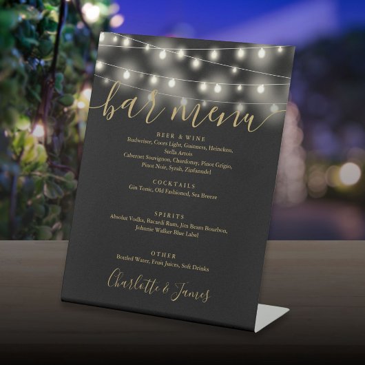 String Lights zwart en goud bruiloft bar menu Reclamebord Met Voetstuk