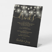 String Lights Zwart en Goud Bruiloft Drinken Menu Reclamebord Met Voetstuk (Voorkant)