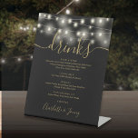 String Lights Zwart en Goud Bruiloft Drinken Menu Reclamebord Met Voetstuk<br><div class="desc">Met  snaarlampen is dit stijlvolle zwarte en gouden script drink menubord ideaal voor uw huwelijksfeest. Ontworpen door Thisnotme©</div>