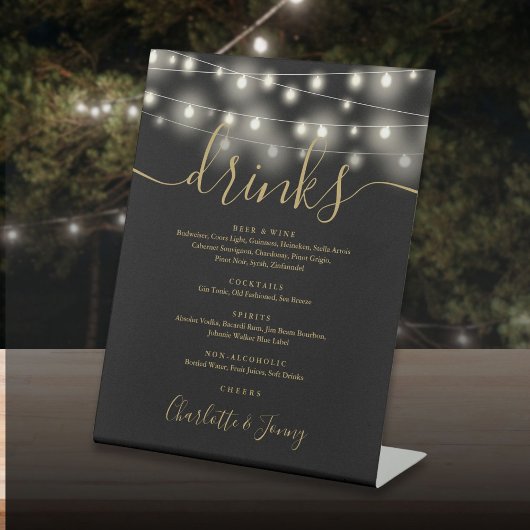String Lights Zwart en Goud Bruiloft Drinken Menu Reclamebord Met Voetstuk