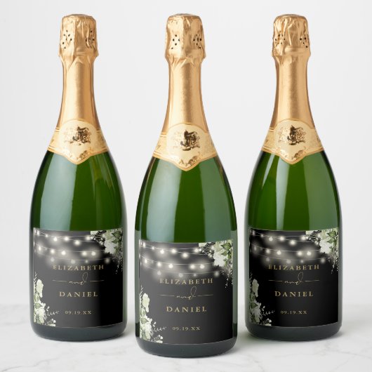 String Lights Zwart Goud Bloemen Groen Huwelijk Sparkling Wijnetiket (Flessen)