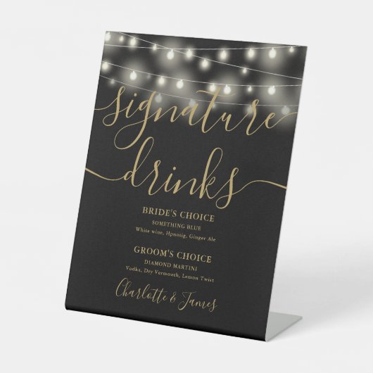 String Lights Zwart Goud Bruiloft Handtekening Dri Reclamebord Met Voetstuk (Voorkant)