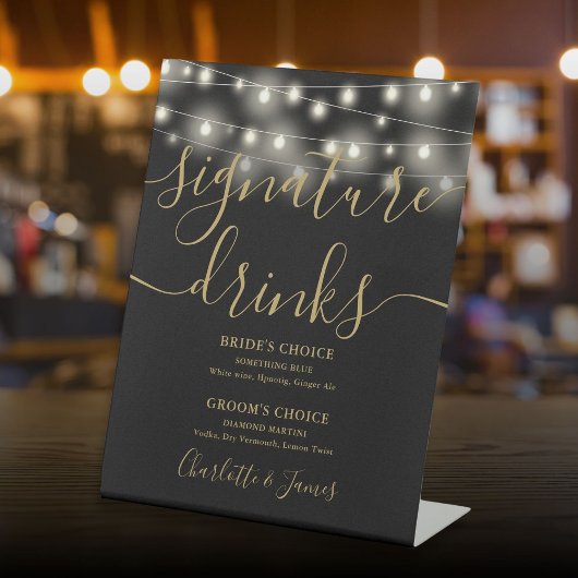String Lights Zwart Goud Bruiloft Handtekening Dri Reclamebord Met Voetstuk