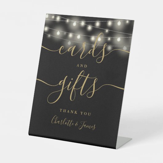 String Lights Zwart Goud Script Kaarten en geschen Reclamebord Met Voetstuk (Voorkant)