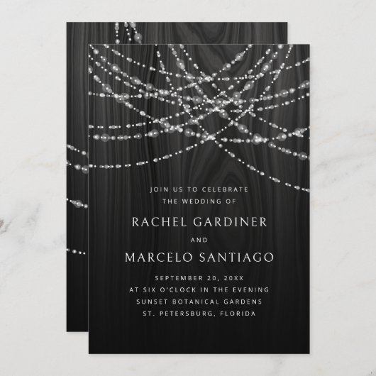 String Lights Zwart Hout Rustiek Huwelijk Kaart (Voorkant / Achterkant)