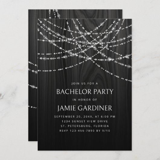 String Lights Zwart Hout Rustieke vrijgezellenfees Kaart (Voorkant / Achterkant)