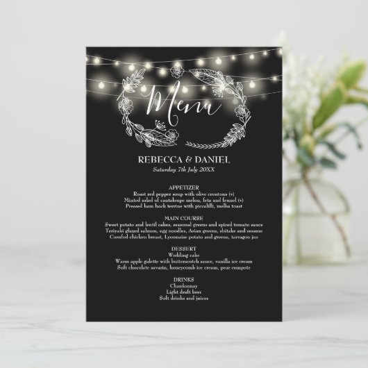 String Lights Zwart-wit Bloemen bruiloft Menu (Staand voorkant)