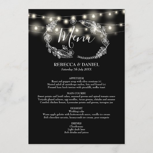 String Lights Zwart-wit Bloemen bruiloft Menu (Voorkant)