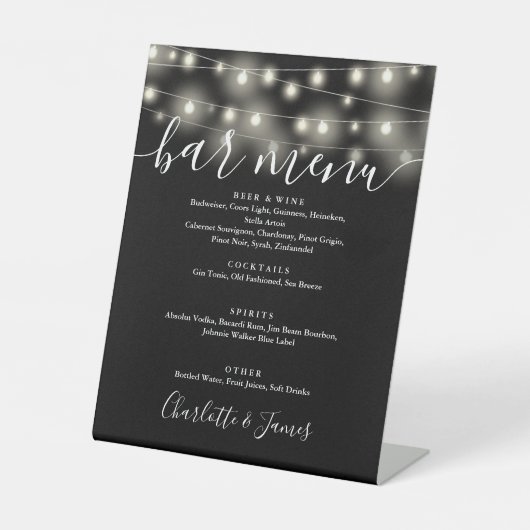 String Lights Zwart-wit bruiloft Bar Menu Reclamebord Met Voetstuk (Voorkant)