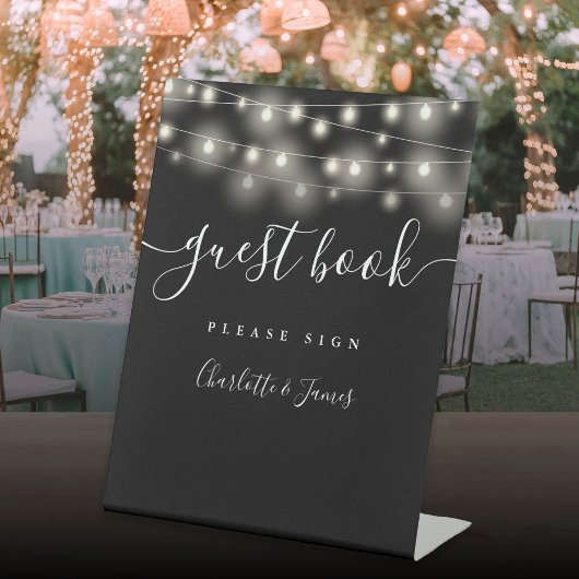 String Lights Zwart-wit Script Gastenboek Reclamebord Met Voetstuk