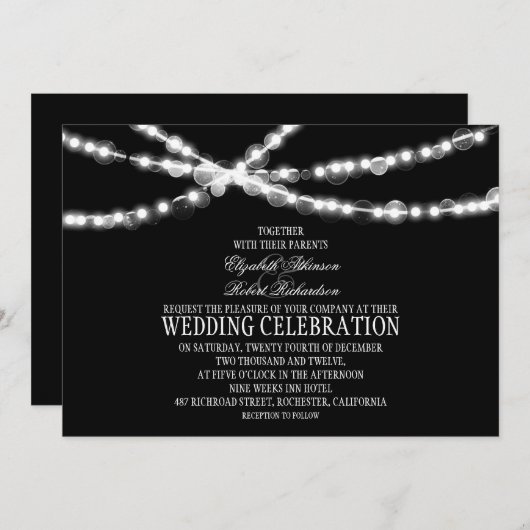 String Lights Zwarte bruiloft uitnodiging (Voorkant / Achterkant)