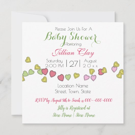 String of Hearts Schattige Baby shower Invitation Kaart (Voorkant)
