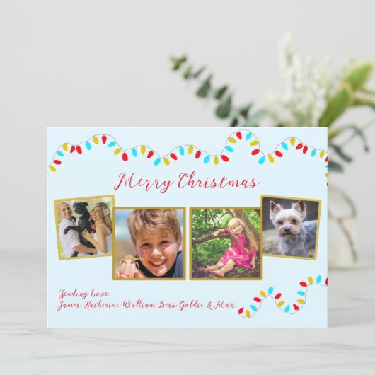 String of Lights Blue Christmas Four Photo Feestdagenkaart (Staand voorkant)