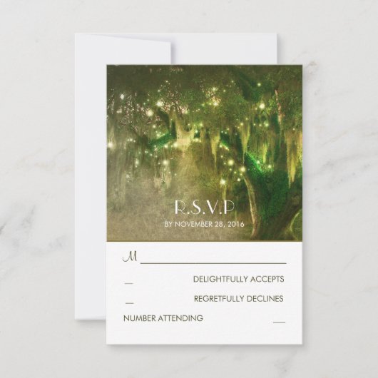 String of Lights Oak Tree Rustic Wedding RSVP Kaar Kaartje (Voorkant)