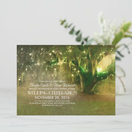 String Of Lights Old Tree Rustic Wedding Invites Kaart (Staand voorkant)
