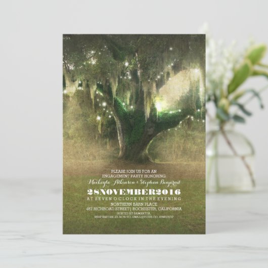 String of Lights Rustic Oak Tree Engagement Party Kaart (Staand voorkant)