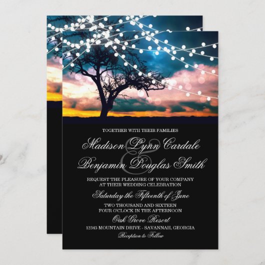 String of Lights Tree bij Sunset Bruiloft Uitnodig Kaart (Voorkant / Achterkant)