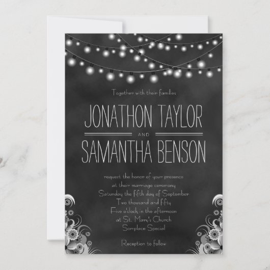 String of Lights Zwart krijtbord bruiloft uitnodig Kaart (Voorkant)