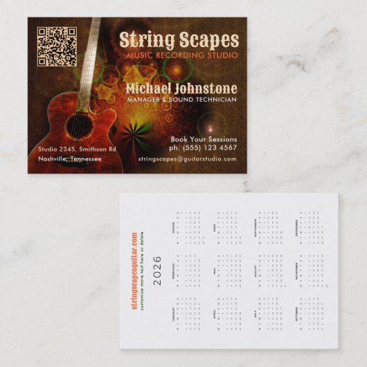String Scapes Muziek Gitaar Art w / Kalender QR Co Visitekaartje (Voorkant / Achterkant)