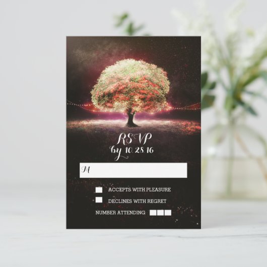 String van lichten boom bruiloft RSVP kaarten (Staand voorkant)