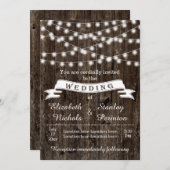 String van lichten, hout en banner rustieke bruilo kaart (Voorkant / Achterkant)