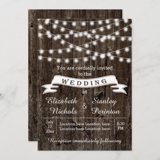 String van lichten, hout en banner rustieke bruilo kaart (Voorkant / Achterkant)