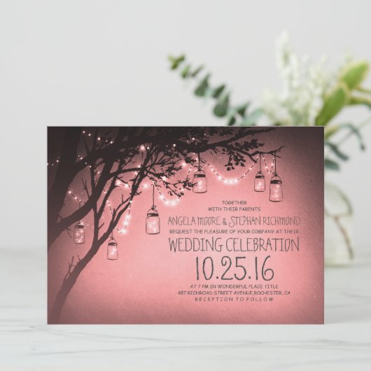 String van lichten Mason Jars Roze bruiloft Kaart (Staand voorkant)