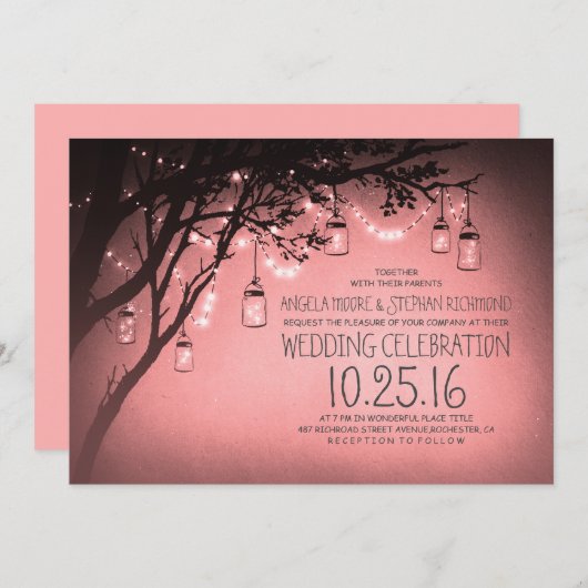String van lichten Mason Jars Roze bruiloft Kaart (Voorkant / Achterkant)