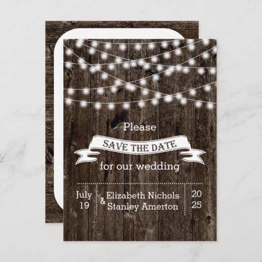 String van lichten op oude houten bruiloft Save th Aankondigingskaart (Voorkant / Achterkant)