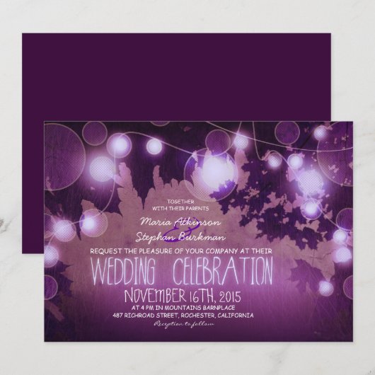 String van lichten rustieke paarse bruiloft uitnod kaart (Voorkant / Achterkant)