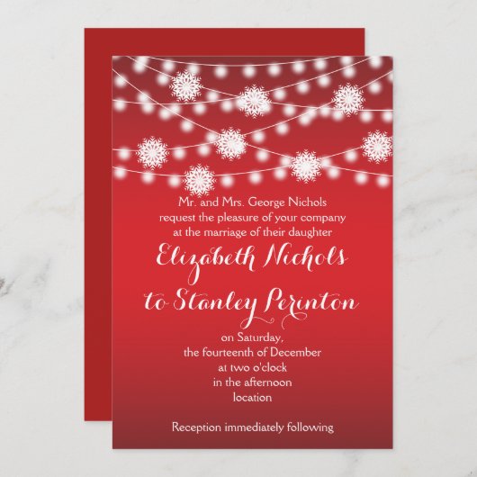 String van lichten & witte sneeuwvlokken rode brui kaart (Voorkant / Achterkant)