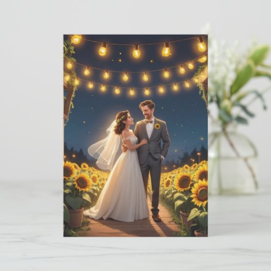 String van lichten Zonnebloem bruiloft uitnodiging (Staand voorkant)