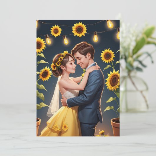 String van lichten Zonnebloem bruiloft uitnodiging (Staand voorkant)