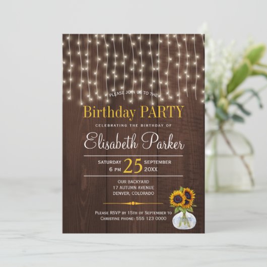 String verlichting zonnebloemen rustieke verjaarda kaart (Staand voorkant)