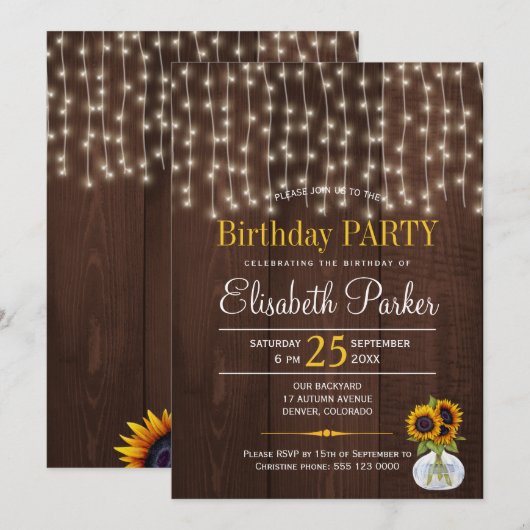 String verlichting zonnebloemen rustieke verjaarda kaart (Voorkant / Achterkant)