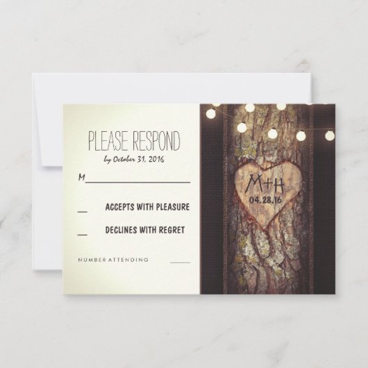Strings of Lights Carved Heart Wedding RSVP Kaarte (Voorkant)