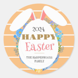 Strip Floral Eenvoudige Elegante Paashaas Familie Ronde Sticker
