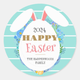 Strip Floral Eenvoudige Elegante Paashaas Familie Ronde Sticker