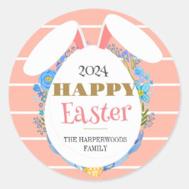Strip Floral Eenvoudige Elegante Paashaas Familie Ronde Sticker