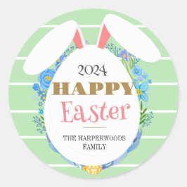 Strip Floral Eenvoudige Elegante Paashaas Familie Ronde Sticker