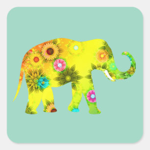 Stripachtige Olifant Felle Bloemen Speels Vierkante Sticker