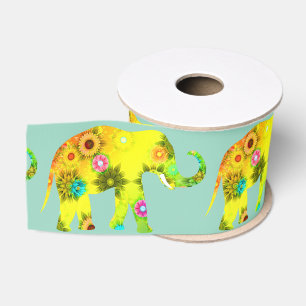 Stripachtige Olifant Kleurrijke Bloemen Speels Grosgrain Lint