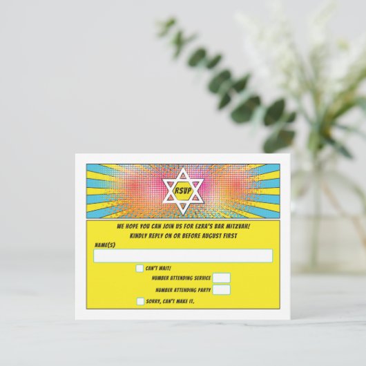 Stripboek Bar Mitzvah of Bat Mitzvah RSVP (Staand voorkant)