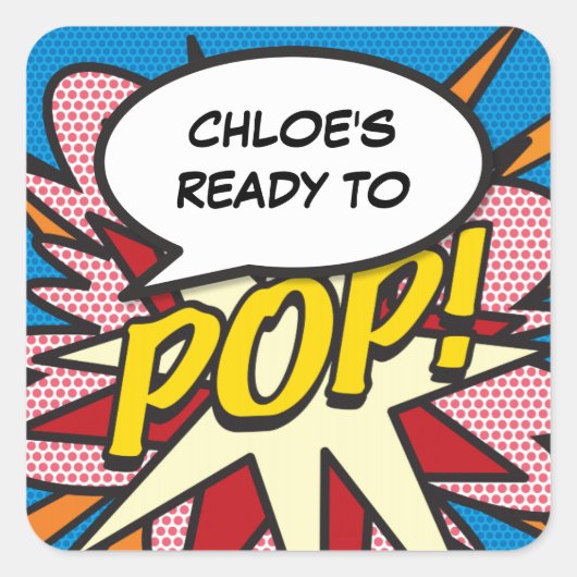 Stripboek klaar om te Knal! Baby Shower Strooi Vierkante Sticker (Voorkant)