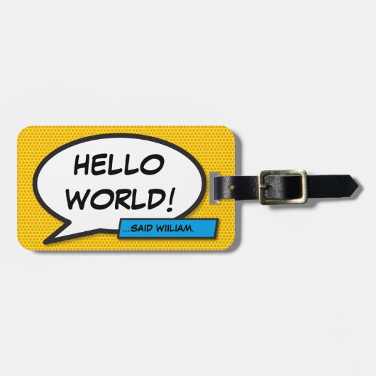 Stripboek Pop Art HELLO WORLD gepersonaliseerd Bagagelabel (Voorkant horizontaal)