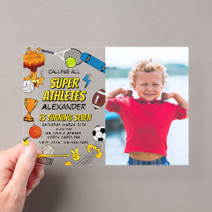 Stripboek sport atletiekballen verjaardagsfoto acryl uitnodigingen