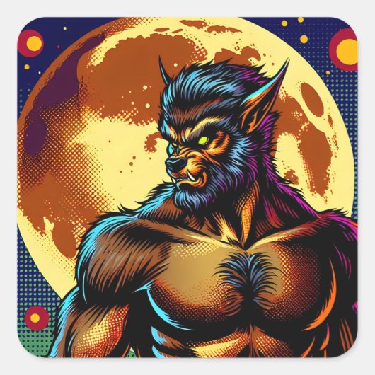 Stripboek Stijl Weerwolf voor Volle Maan Vierkante Sticker (Voorkant)