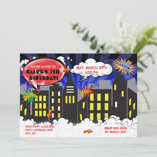 Stripboek Super Hero Verjaardagsfeestuitnodiging Kaart (Staand voorkant)